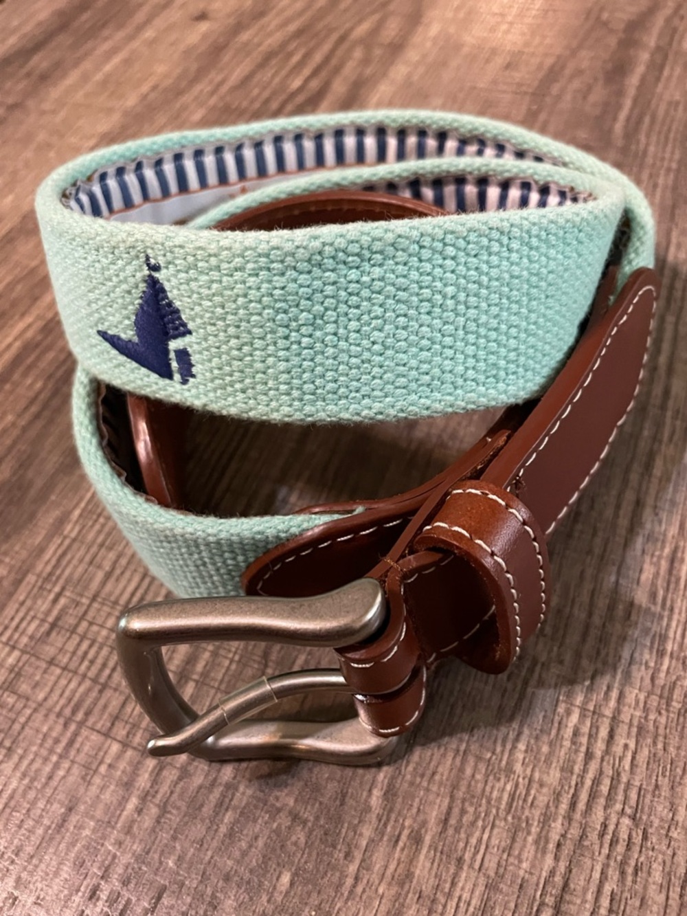 Peter Millar Luxury Golf Mint Green Sailboat Belt with Brown Leather Trim